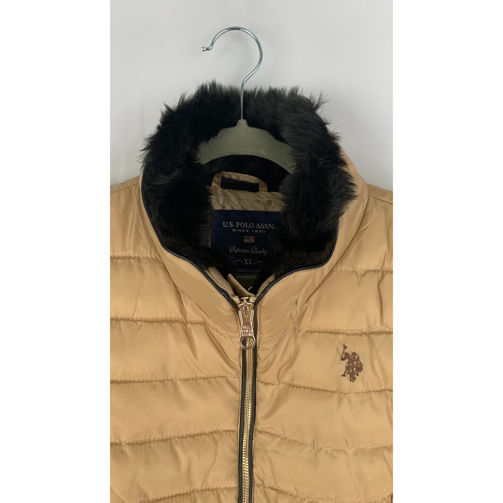 U.S. Polo Assn. Moto Puffer Jacket Faux Fur Collar Womens Size Xl Gold — image 6 of 8